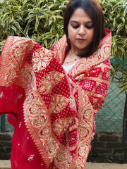 Handwoven Bareek Bandhani dupatta with Dabka Handwork in Pure Gajji silk