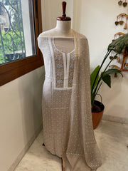 Brown Suit Set with Pearl, Cut Daana and Thread Handwork  in Pure Mul Chanderi