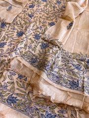 Lite Peach Suit Set with Kantha Handwork in Pure Tussar Silk