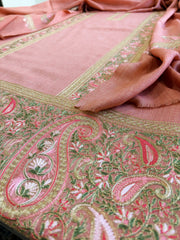 Peachish Pink Winter Suit Set with Aari Work in Pashmina Wool