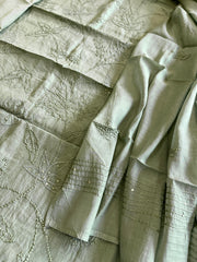 Dusty Green Mul chanderi Suit Set With Knot & Sequin Handwork