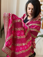 Pink Printed Bandhej Dupatta in Chinon with Gold Thread and Sequin Work