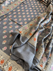 Grey Woven Suit Set with Zari and Meenakari in Weaving in Pure Moonga Silk