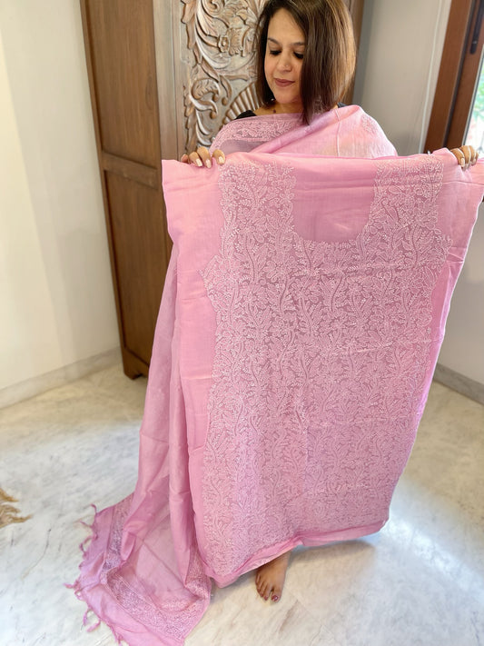 Pink Suit Set with Lucknowi Handwork in Pure Tussar Silk