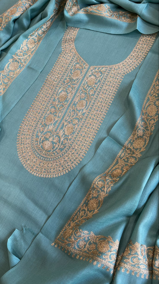 Sea Blue Winter Suit Set with Aari Work in Pashmina Wool