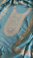 Sea Blue Winter Suit Set with Aari Work in Pashmina Wool
