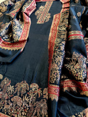 Black Suit Set with Handwoven Kaani and Zari in Pure Silk
