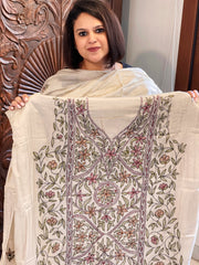 Lite Pinkish Brown Suit Set with Kantha Handwork in Pure Tussar Silk
