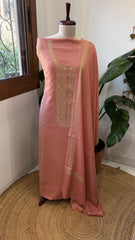Peachish Pink Winter Suit Set with Aari Work in Pashmina Wool