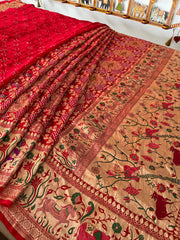 Red Handmade Bandhani Saree with Krishna Motif & Meenakari in Pure Georgette