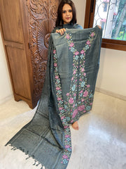 Grey Suit Set with Cross-Stitch Embroidery in Pure Tussar Silk
