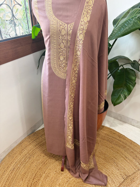 Antique Rose Winter Suit Set with Aari Work in Pashmina Wool