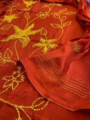 Rust Crepe Suit Set With Knot & Sequin Handwork