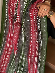 Green, Pink Handmade Kantha Dupatta in Silk