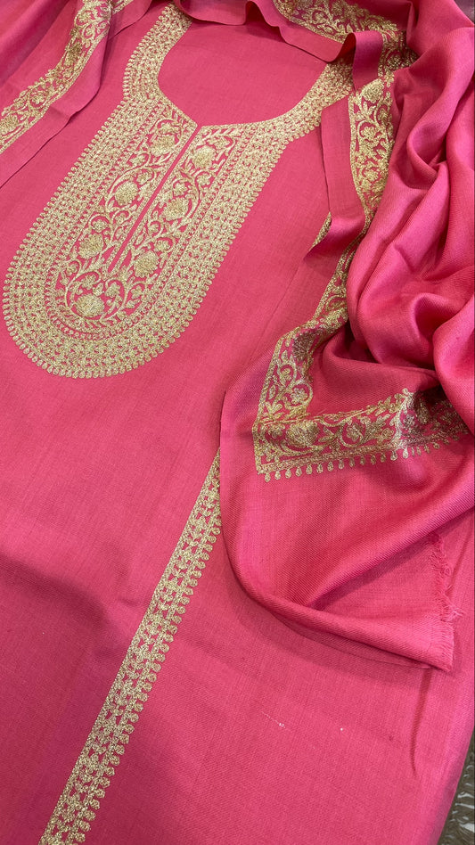 Peachish Pink Winter Suit Set with Aari Work in Pashmina Wool