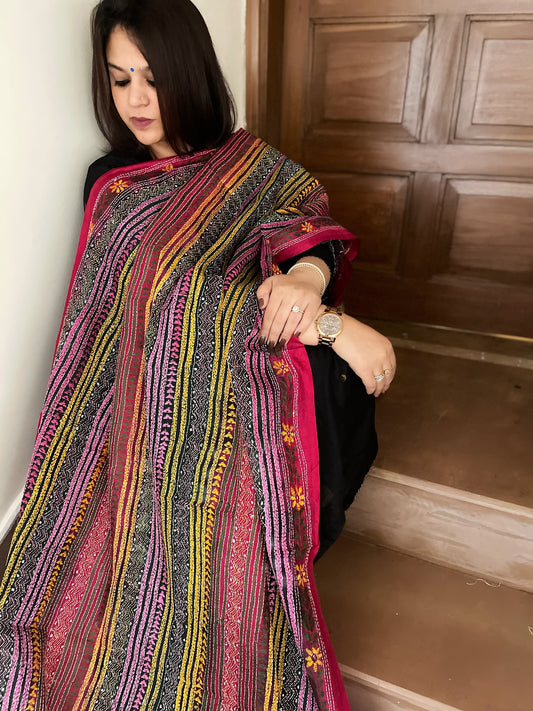 Green, Pink Handmade Kantha Dupatta in Silk