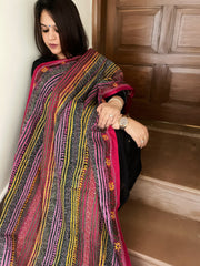 Green, Pink Handmade Kantha Dupatta in Silk