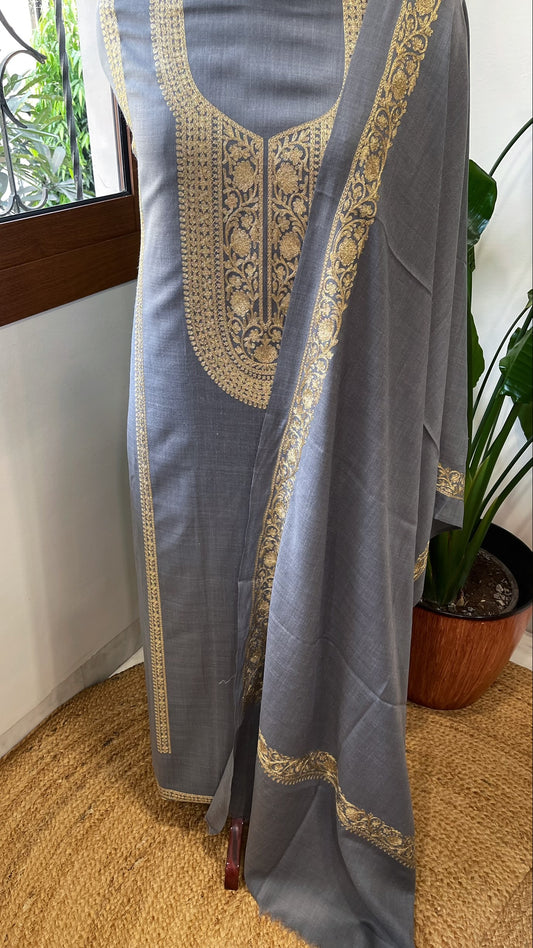 Powder Blue Winter Suit Set with Aari Work in Pashmina Wool