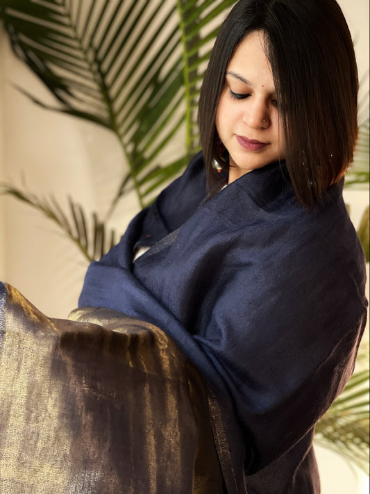 Navy Blue Pashmina Shawl with Zari