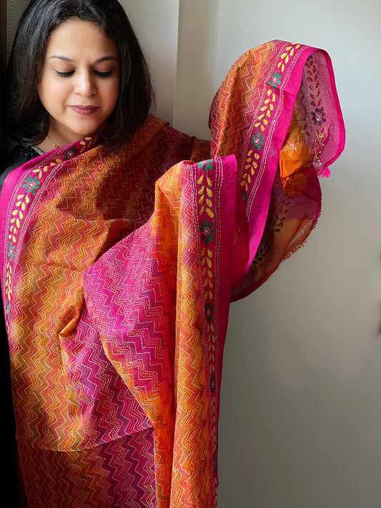 Mustard, Pink Handmade Kantha Dupatta in Silk