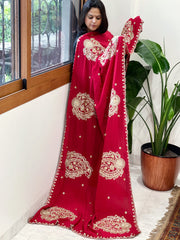 Red Crepe Dupatta with Pearl, Cut Daana, Gold Thread & Sequin Embroidery