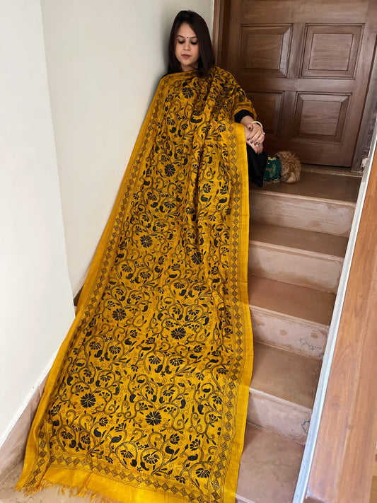 Mustard Yellow Nakshi Handmade Kantha Dupatta in Silk