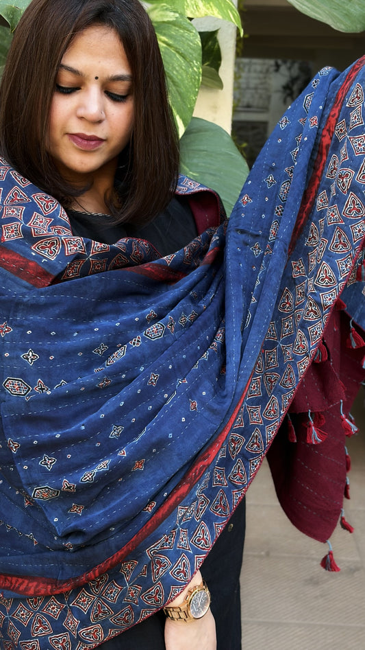 Blue Ajrakh Handblock Printed Silk-Woollen Shawl