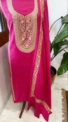 Hot Pink Winter Suit Set with Aari Work in Pashmina Wool