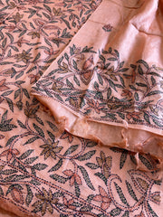 Dark Peach Suit Set with Kantha Handwork in Pure Tussar Silk