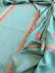 Turquoise Winter Suit Set with Aari Work in Pashmina Wool