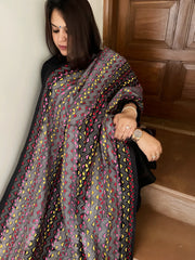 Grey, Black Handmade Kantha Dupatta in Silk