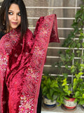 Cherry Red Velvet Dupatta with Thread Embroidery