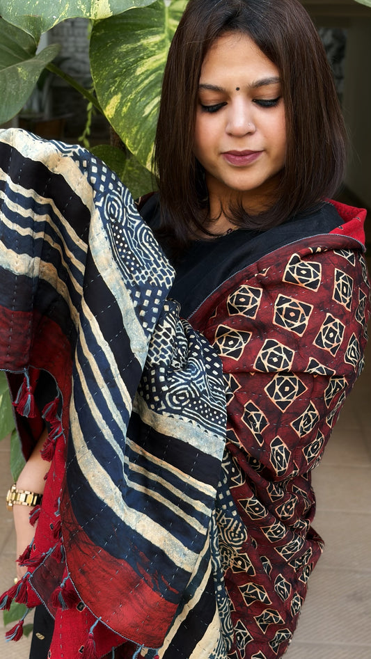 Maroon Ajrakh Handblock Printed Silk-Woollen Shawl