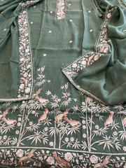 Teal Green Suit Set with Parsi Gara Embroidery Dupatta in Mul Cotton