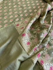 Pista Green Woven Suit Set with Zari and Meenakari in Weaving in Pure Moonga Silk