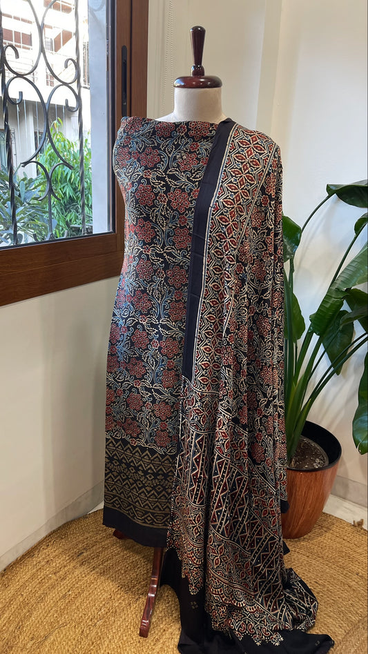Black Suit Set with Ajrakh Handblock Print and Sequin Embroidery in Modal Silk