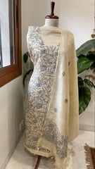 Cream Suit Set with Kantha Handwork in Pure Tussar Silk