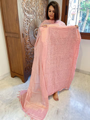 Peachish pink Suit Set with Lucknowi Handwork in Pure Tussar Silk