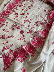 Gold. Red Suit Set with Thread Embroidery and Pitta Work in Tissue Chanderi