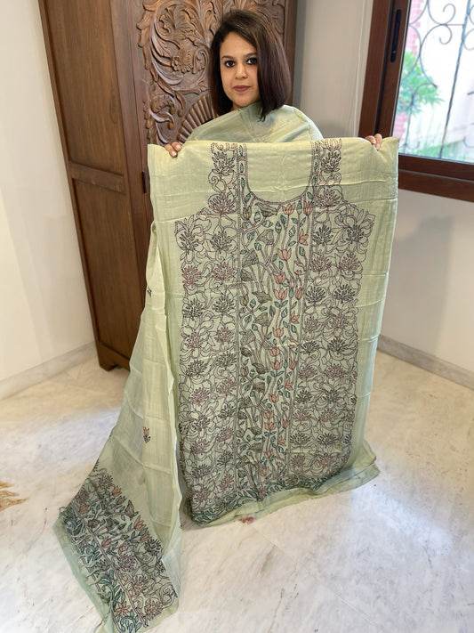 Dusty Green Suit Set with Kantha Handwork in Pure Tussar Silk