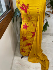 Mustard Yellow Crepe Suit Set With Knot & Sequin Handwork