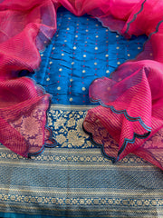 Firozi Handwoven Kadwa Banarasi with Hand Bandhani Suit Set in Pure Silk