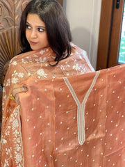 Dark Peach Suit Set with Thread Embroidery in Pure Tussar Silk