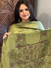 Leaf Green Suit Set with Kantha Handwork in Pure Tussar Silk