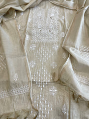 Gold Suit Set with Lucknowi Handwork in Tissue Chanderi