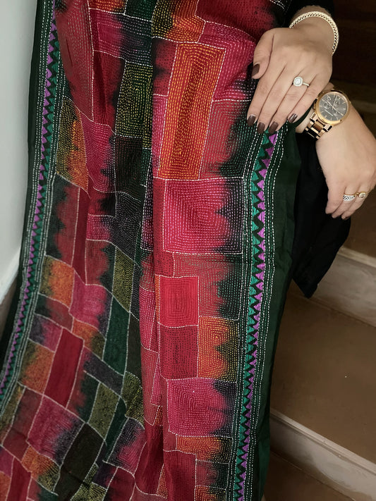 Red, Green Handmade Kantha Dupatta in Silk