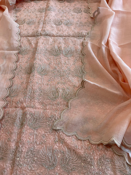 Peach Suit Set with Gold Thread Embroidery in Pure Mul