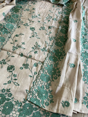 Gold, Green Suit Set with Thread Embroidery and Pitta Work in Tissue Chanderi