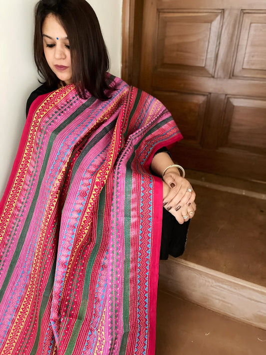 Pink, Red Handmade Kantha Dupatta in Silk