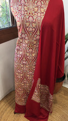 Crimson Red Winter Suit Set with Aari Work in Pashmina Wool